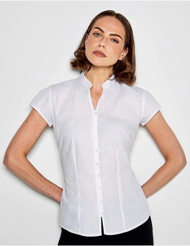 K-KK727-Tailored Fit Mandarin Collar Poplin Blouse Cap Sleeve